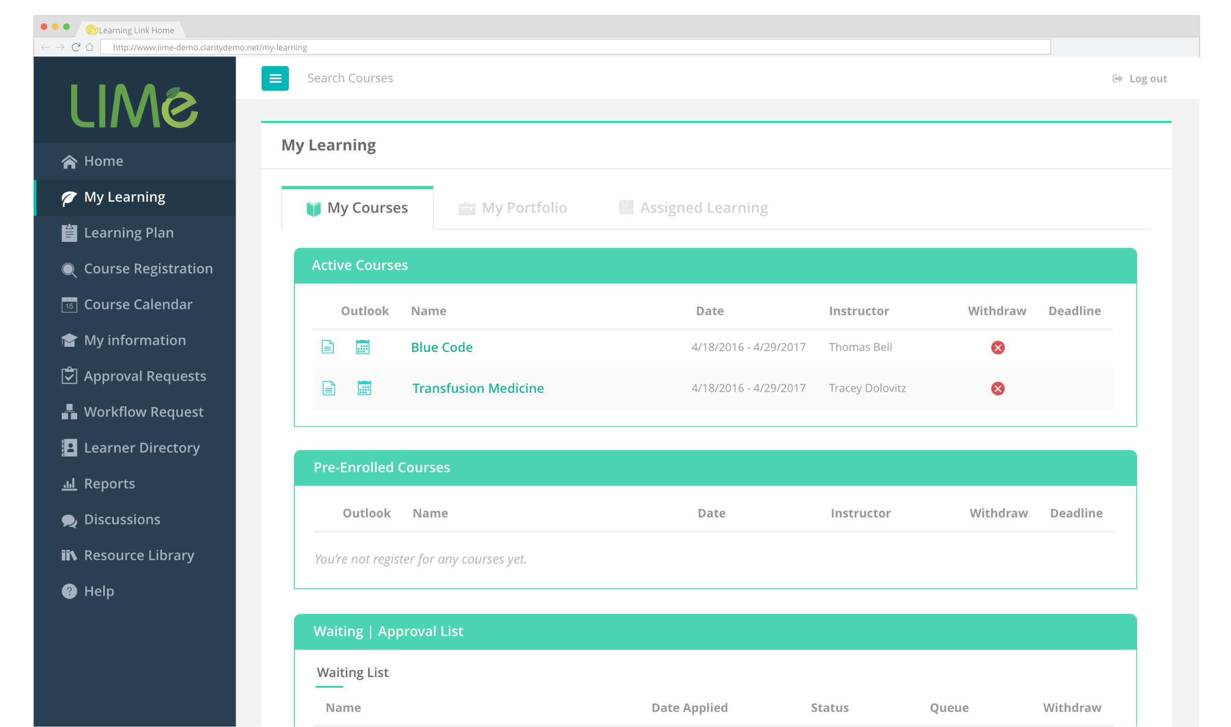 Screenshot of LIMe's My Learning Page
